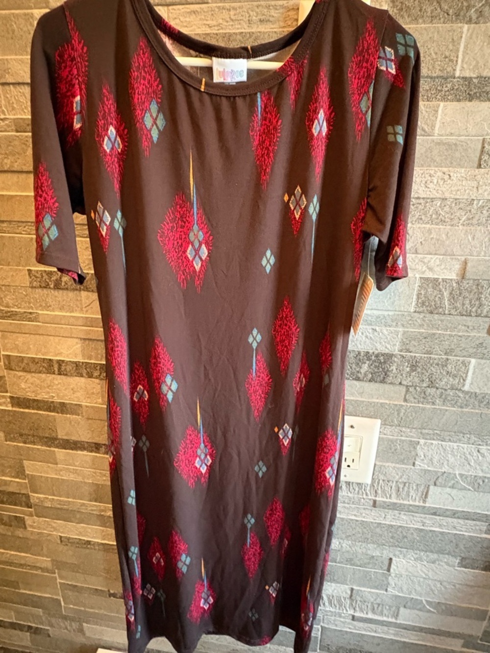 LuLaRoe Brown Midi Dress with Pink and Aqua Diamond Print
